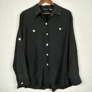 Sutton‎ Studio Black Silk Blouse L Roll Tab Sleeve Minimalist Transitional